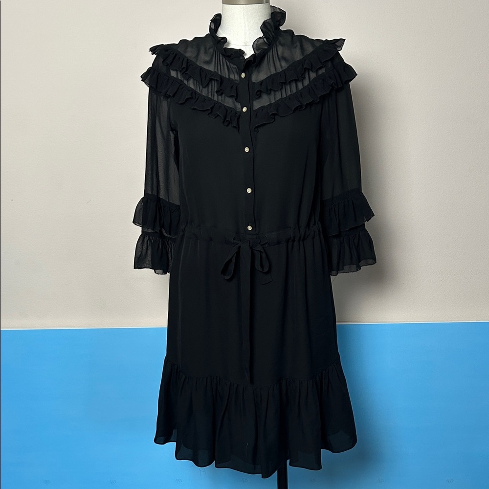 Rebecca Taylor Black Bishop Sleeve ? Chiffon Dress size 2 drawstring belt